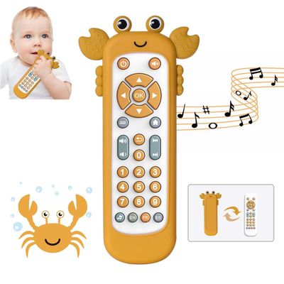 KOESMG Baby TV Remote Control Toy with Soft Silicone Cute Carb Cover, Musical Realistic Play Remote Toy with Light and Sound, 3 Language Educational Learning Toy for 6M+ Boy and Girls(Yellow)