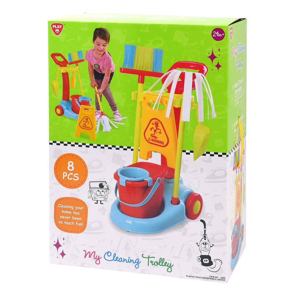 PLAY Cleaning Wheel Trolley Set | Inspired Toy Playset with Mop & Cleaning Accessories | Housekeeping Broom Mop, Organizing Stand Cleaning Tools | 8-PCS Mop & Dustpan for Children - 2.75 Pounds