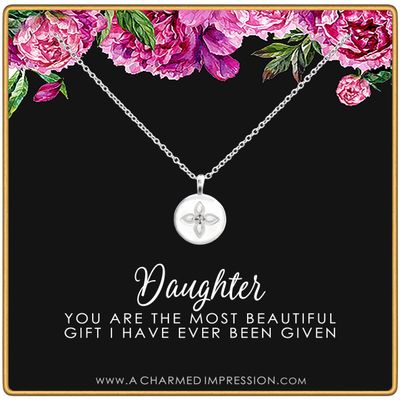 Daughter Gifts from Mom Dad  Gift for Adult Daughter  Daughter Birthday Card and Jewelry  Christmas Gifts for Women Teenage Girl  Lotus Crystal Disc Necklace Silver