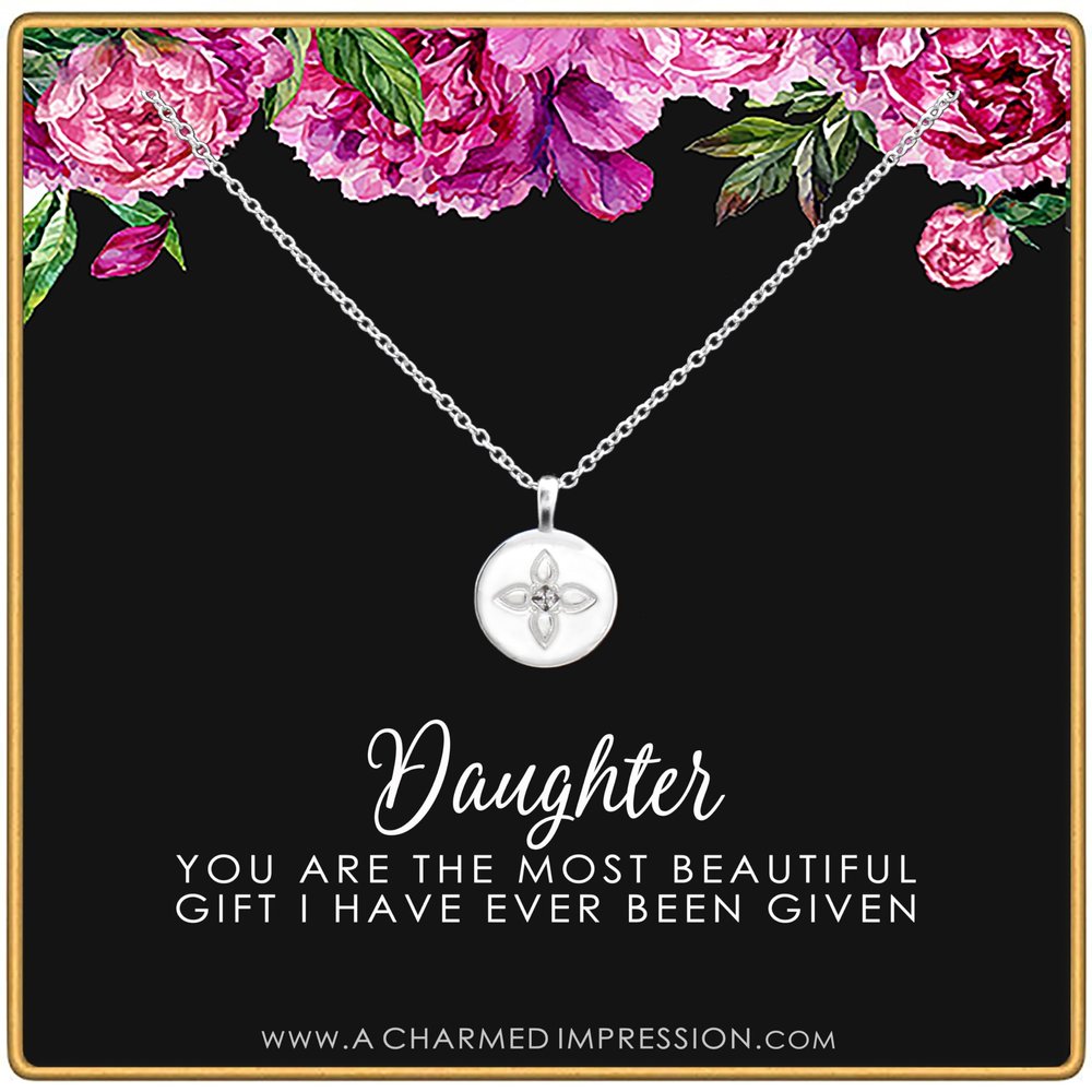 Daughter Gifts from Mom Dad  Gift for Adult Daughter  Daughter Birthday Card and Jewelry  Christmas Gifts for Women Teenage Girl  Lotus Crystal Disc Necklace Silver