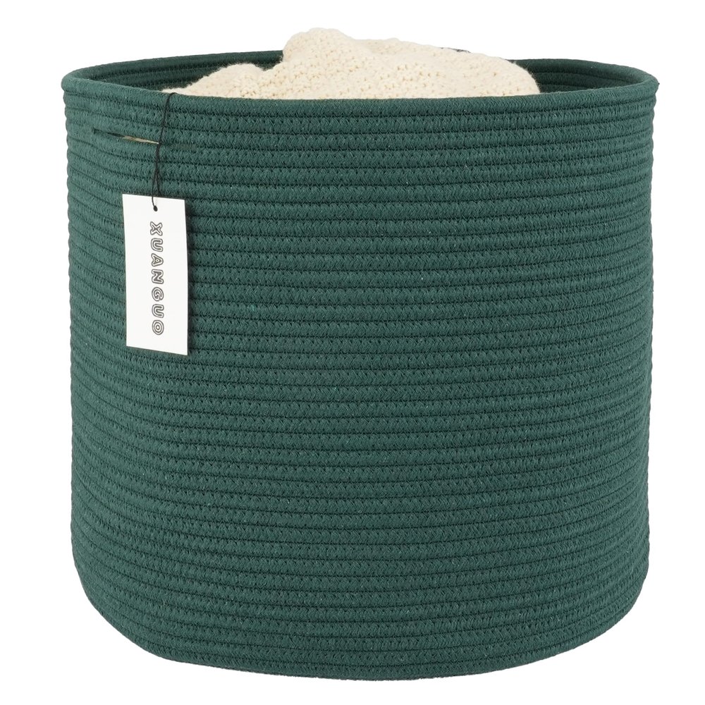 XUANGUO Cotton Rope Basket For Girls Boys Kids 16X14 Baby Laundry Basket Nursery Bin Round Woven Baskets Organizer For Storage Toys Blankets Shoes Clothes dark green