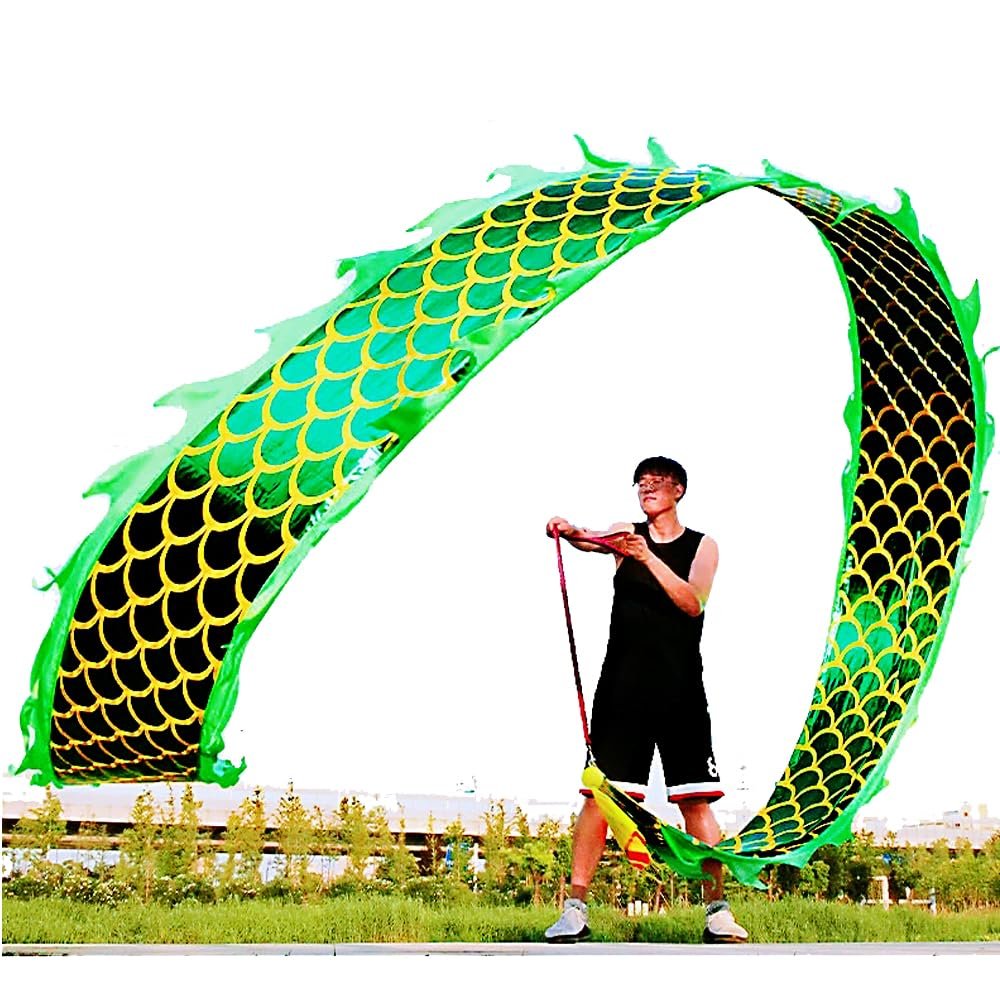 8 Meters (26.2 FT) Square Exercise Dragon Poi with 340g Weighted Ball and 1.2 Meters Swing Rope, Outdoor Flinging Fitness Dragon Dance Wu Long 3D Dragon Ribbon Streamer (Golden Green Dragon)