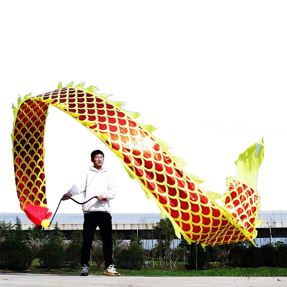 8 Meters (26.2 FT) Square Exercise Dragon Poi with 340g Weighted Ball and 1.2 Meters Swing Rope, Outdoor Flinging Fitness Dragon Dance Wu Long 3D Dragon Ribbon Streamer (Golden Yellow Dragon)