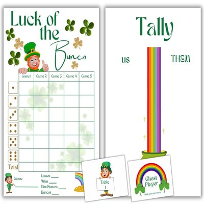 Bunco St. Patrick's Day Themed Game Kit with Score Sheet, Tally Sheet, Ghost Player and Bunco Card