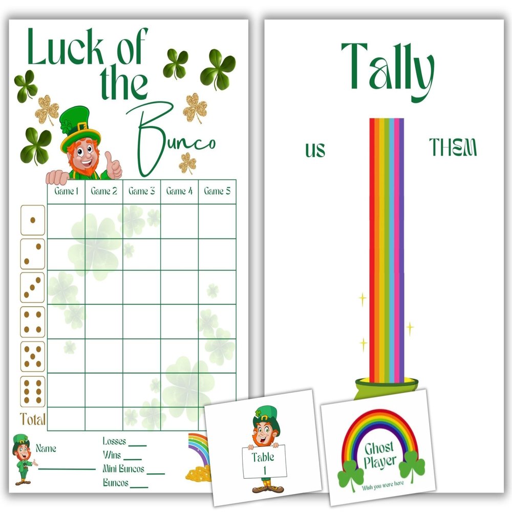 Bunco St. Patrick's Day Themed Game Kit with Score Sheet, Tally Sheet, Ghost Player and Bunco Card
