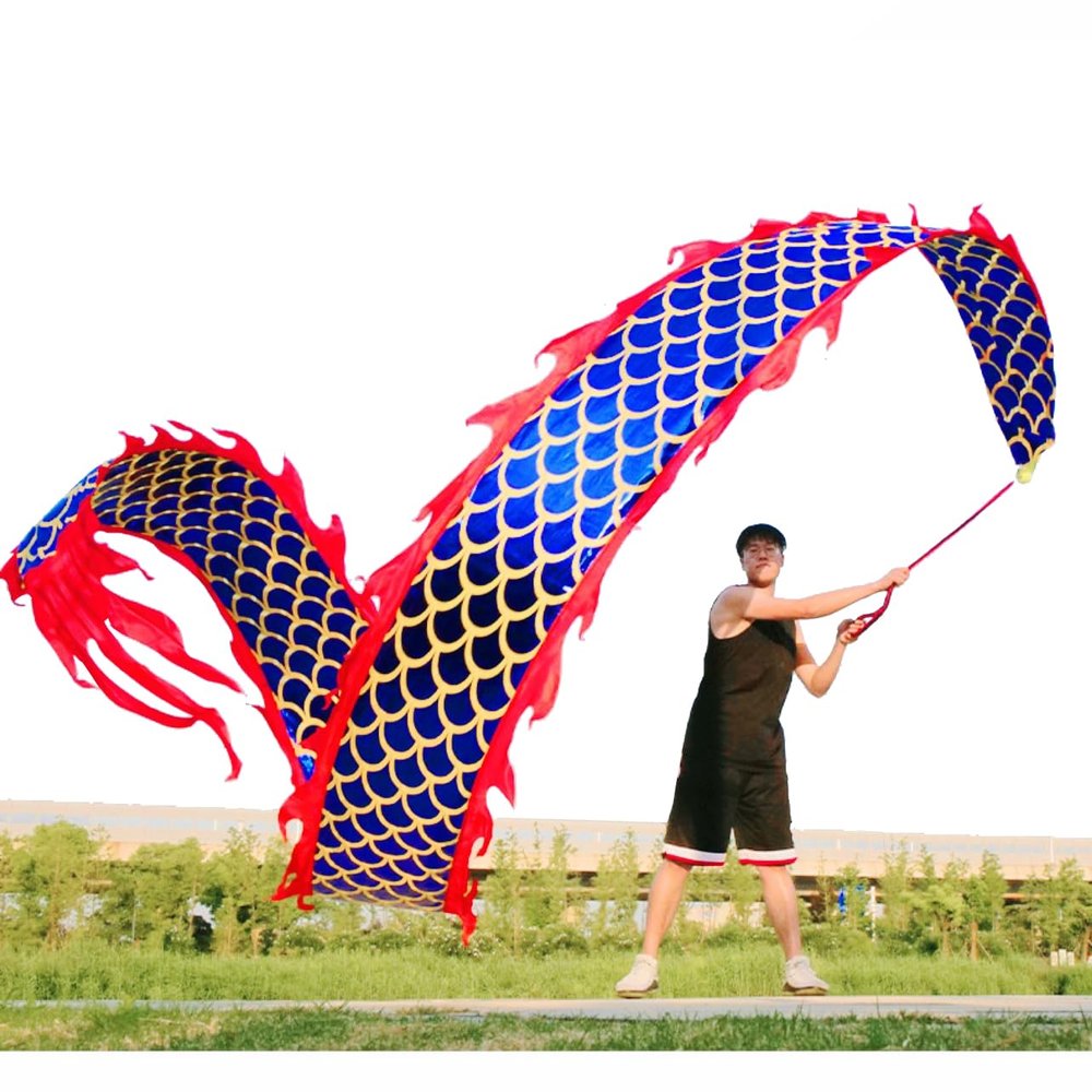 8 Meters (26.2 FT) Square Exercise Dragon Poi with 340g Weighted Ball and 1.2 Meters Swing Rope, Outdoor Flinging Fitness Dragon Dance Wu Long 3D Dragon Ribbon Streamer (Golden Blue Dragon)