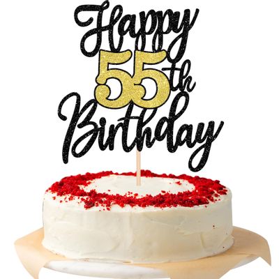 1 PCS Happy 55th Birthday Cake Topper Black Gold Glitter Cheers to 55 Years Birthday Cake Pick 55 Fabulous Cake Decoration for Happy 55th Birthday Anniversary Party Decorations Supplies