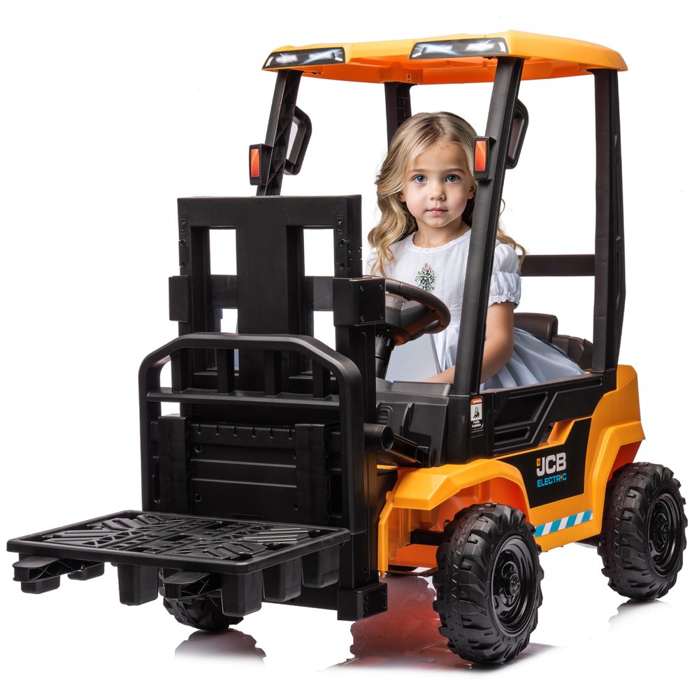 12V Ride on Forklift Car with Tent, Licensed JCB Battery Powered Electric Construction Car for Kids with Electric Liftable Fork, Seat Belt, Remote Control, Spring Suspension, Yellow