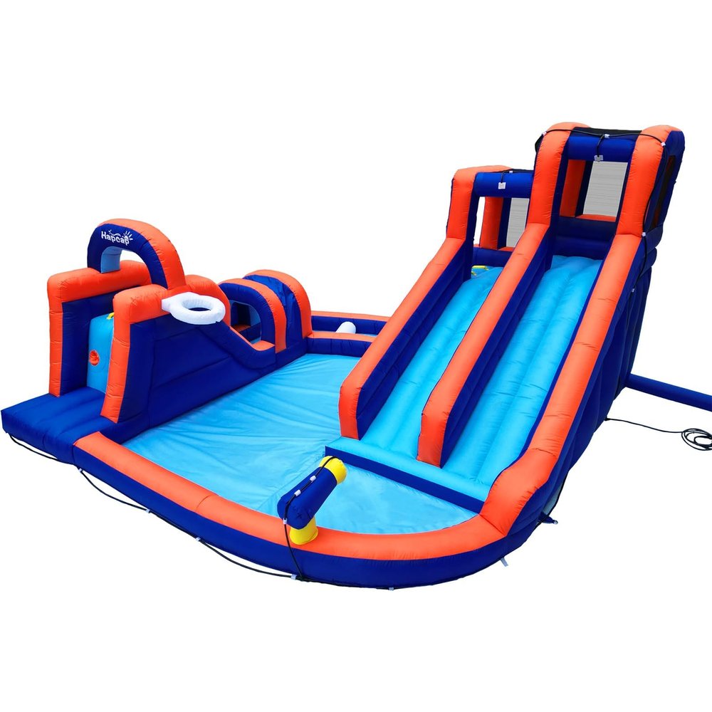 HapCap Inflatable Water Slide with Air Blower, Three Water Slides, 2 Climbing Walls, Tunnel, Obstacle Bar, Outdoor Backyard, 13.8 ft x 13.5 ft