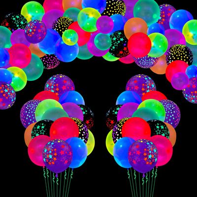 109 PCS UV Neon Balloons Black Light Balloons Glow in The Dark Balloon Blacklight Reactive Fluorescent Polka Dot Stars Latex Balloon Assorted Colors Light Up Neon Party Supplies Glow Party Decorations