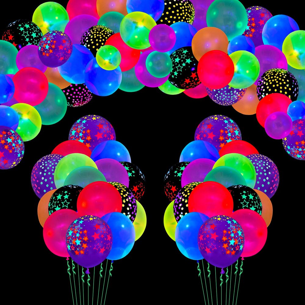 109 PCS UV Neon Balloons Black Light Balloons Glow in The Dark Balloon Blacklight Reactive Fluorescent Polka Dot Stars Latex Balloon Assorted Colors Light Up Neon Party Supplies Glow Party Decorations
