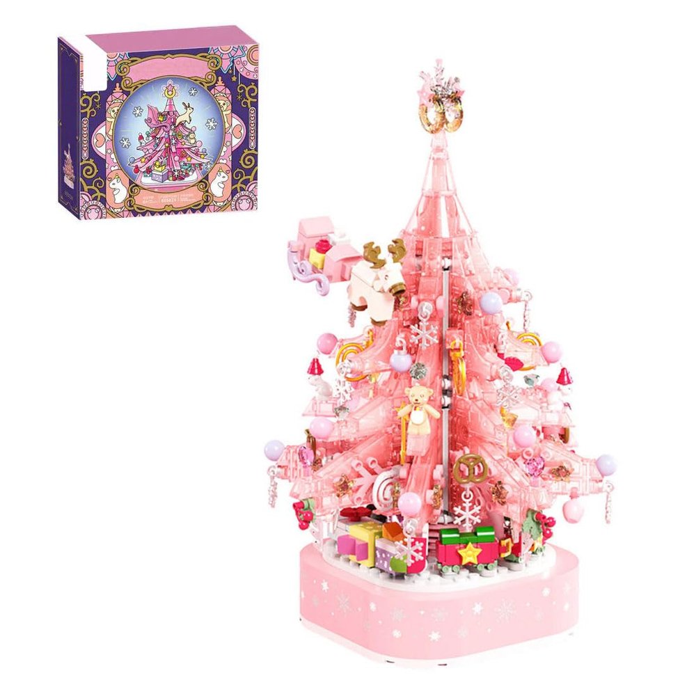Aetheria Crystal Christmas Tree Music Box Building Set with Light, 675Pcs MOC DIY Assembly Pink Music Box Bricks Set, 2026 Construction