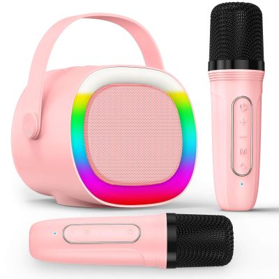 LENRUE Karaoke Machine for Kids, Birthday Gifts for Girls Boys Teens with Wireless Microphone, Colored Lights, Trendy Stuff Gifts for 3, 4, 5, 6, 7, 8, 9, 10 +Year Old (ProPink 2Mic)