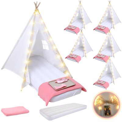Windyun 6 Pack Kids Teepee Tent for Slumber Party Sleepover Tents for Girls Party with Air Mattress, Star Lights, Blankets Trays Sheets, Natural Cotton Toddler Play Teepee for Indoor Outdoor(White)