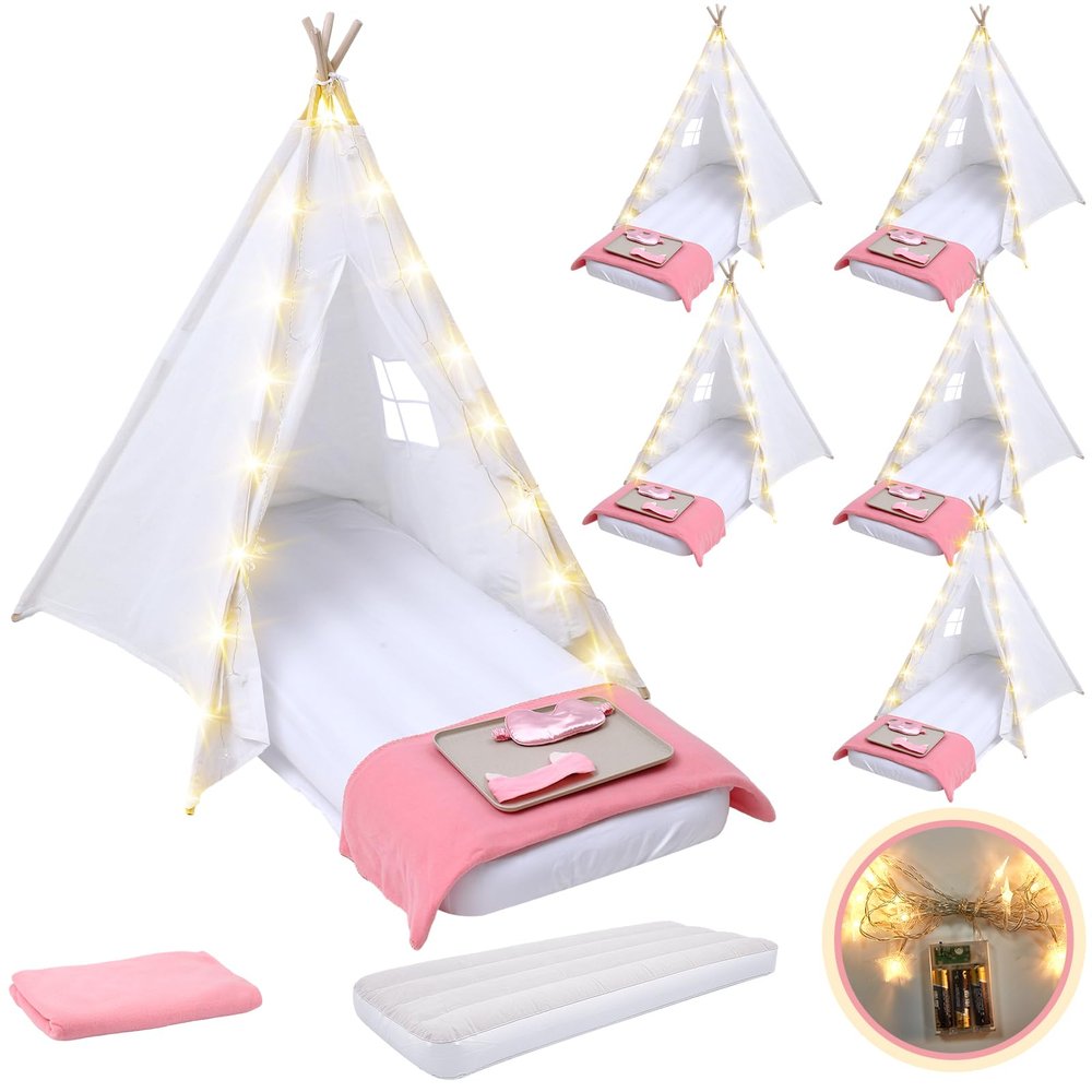Windyun 6 Pack Kids Teepee Tent for Slumber Party Sleepover Tents for Girls Party with Air Mattress, Star Lights, Blankets Trays Sheets, Natural Cotton Toddler Play Teepee for Indoor Outdoor(White)
