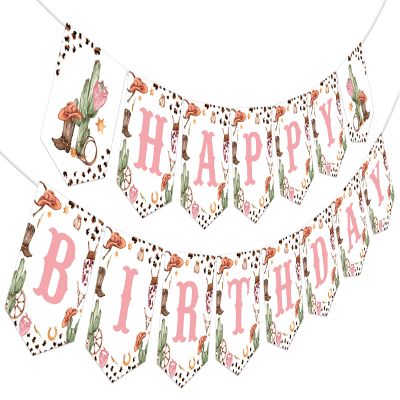 Fangleland Cowgirl Birthday Banner Party Decorations Pink, Western Cowgirl Theme Happy Birthday Banner for 1 2 3 4 Year Old Girl, Wild West Rodeo 1st 2nd 3rd Bday Party Supplies