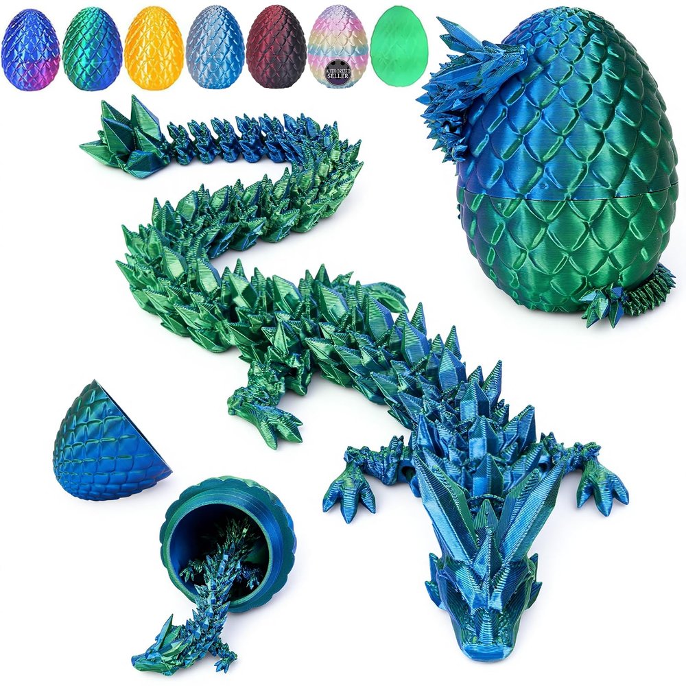 YILCER 12 in 3D Printed Dragon Egg - Easter Basket Essentials Stuffers, Prefilled Easter Egg Filled with Toy for Kid Boys, Crystal Articulated Dragon Fidget Toys (Laser Green)