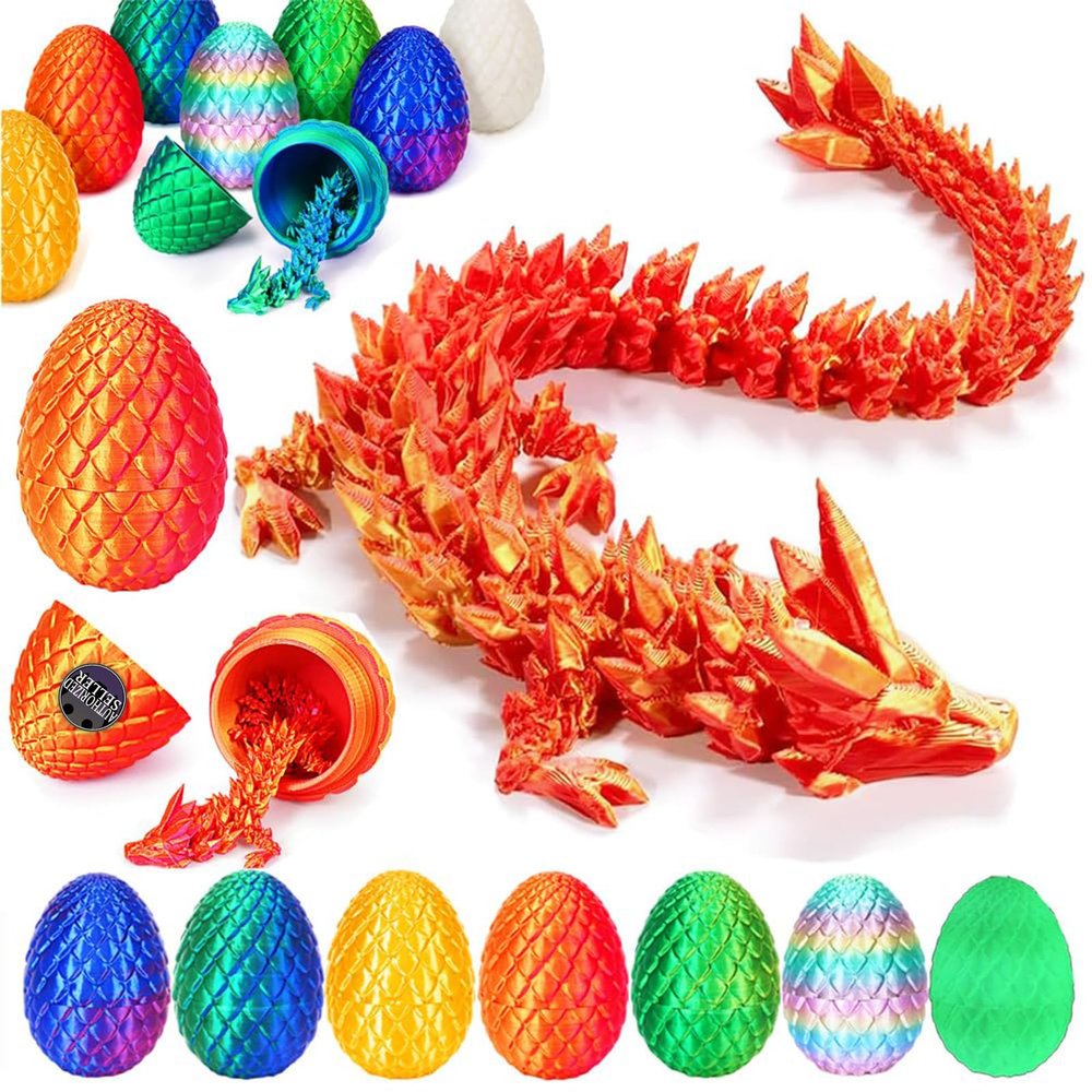 YILCER 12 in 3D Printed Dragon Egg - Easter Basket Essentials Stuffers, Prefilled Easter Egg Filled with Toy for Kid Boys, Crystal Articulated Dragon Fidget Toys (Laser Red)