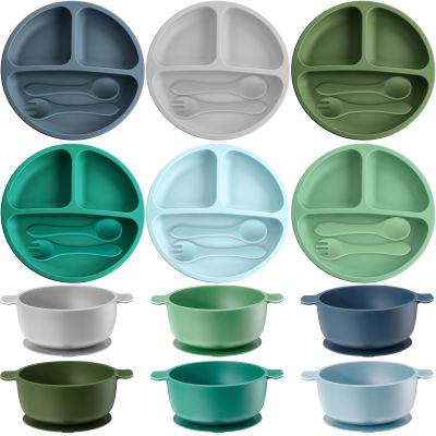 Dandat 24 Pcs Silicone Baby Feeding Set,6 Baby Toddler Suction Bowls 6 Divided Suction Plates with 6 Forks 6 Spoons, Utensils Set for Weaning Infant Feeding and Eating, 6 Styles(Vivid Color)