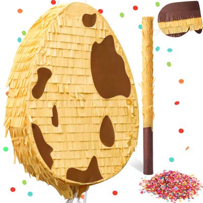 Lenwen Dinosaur Easter Egg Piata 16 x 12 x 3 in Pull String Easter Eggs Piata Bundle with Stick Blindfold Confetti for Dinosaur Theme Birthday Party Game Favor(Brown)