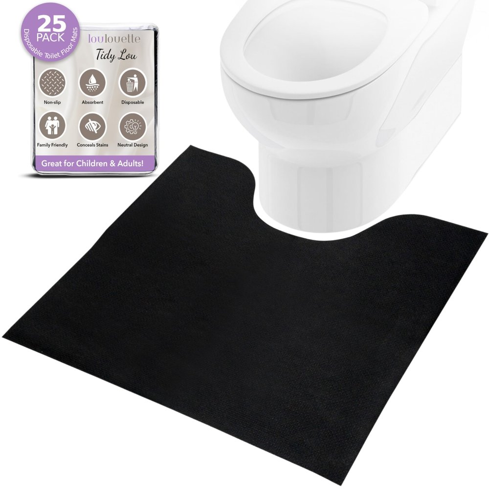 Tidy Lou Disposable Toilet Mats for a Hygienic & Stress-Free Home Bathroom Experience Great for Children & Adults Conceals Stains (Black), Absorbent, Non-Slip, U-Shape, Catches Dust/Hair - 25 Pack