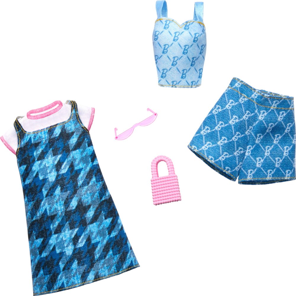 Barbie Fashions Clothing Set, 2 Denim Outfits for Fashion Doll Include Dress, Top & Shorts & 2 Accessories