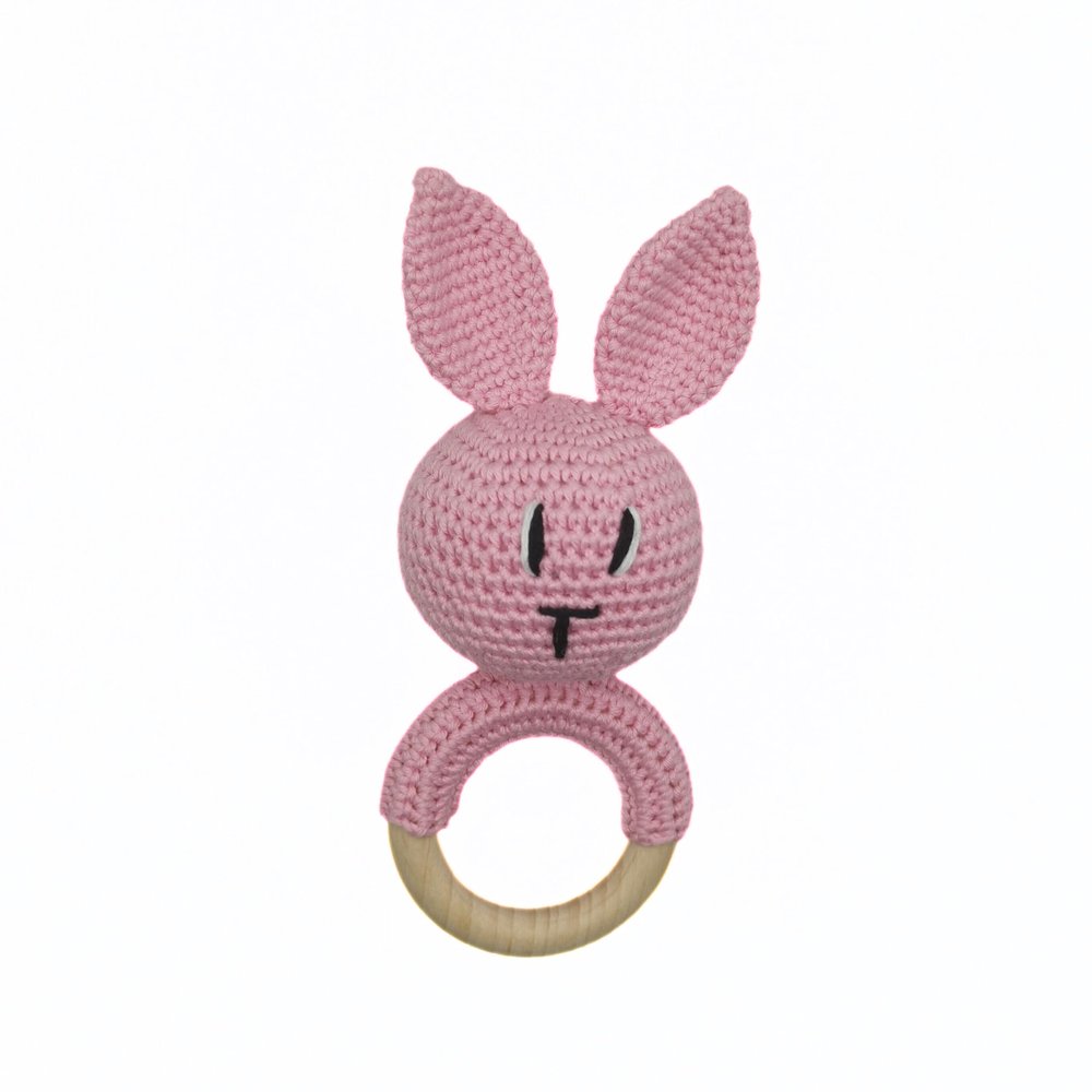 Crochet baby Bunny rattle teething toy (Light pink)