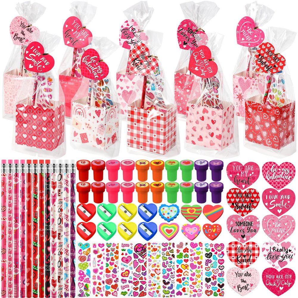 Pasimy 240 Pcs Valentine's Day Stationery Gifts for Kids, Valentines Popcorn Boxes Valentines Gift Tag Heart Shape Pencil Sharpener Eraser Pencil Sticker Stamp for Classroom Exchange Gift Prize Supply