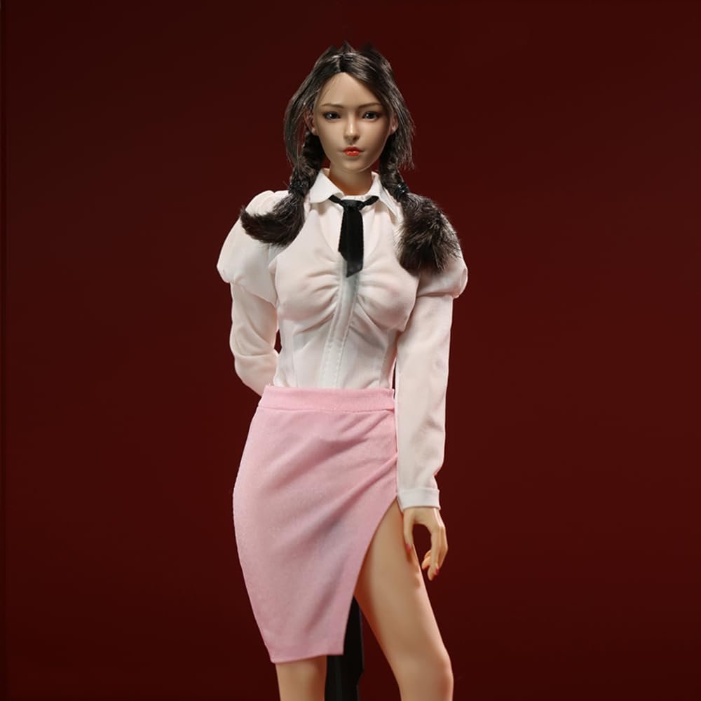 1/6 Scale Female Clothes,Female Long Sleeved Shirt Side Slit Skirt Elastic Skirt Dress Outfit Clothing for 12inch PH TBL JO Action Figure Body (Pink)