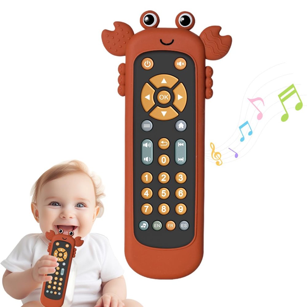 TuiVeSafu Baby TV Remote Control Toy with Cute Crab Soft Silicone Cover Teething Toy, Realistic Baby Musical Remote Control Toy with Light Sound, Educational Toys with 3 Language for 6m+Toddlers