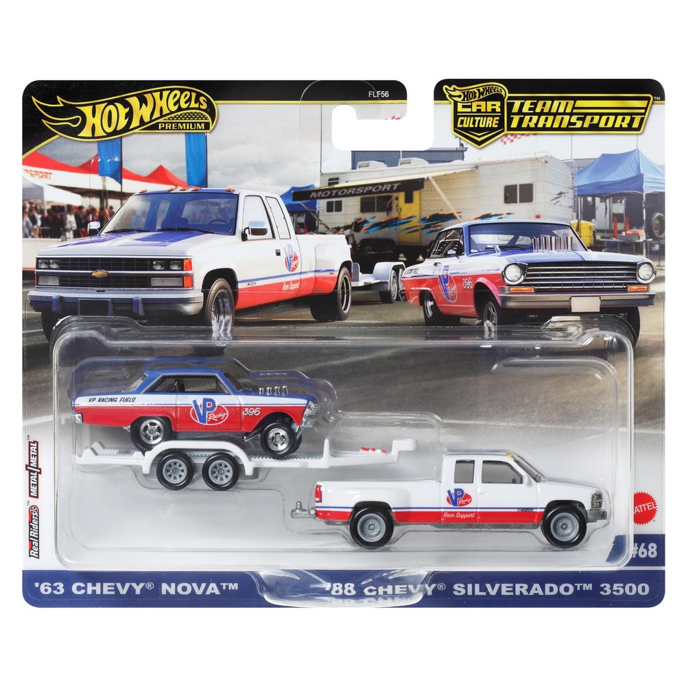 Hot Wheels Team Transport '63 Chevy Nova & '88 Chevy Silverado Die-Cast Vehicle Set, Race Car with Trailer, VP Racing, 1:64 Scale Model