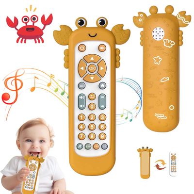 Baby TV Remote Control Toy with Cute Crab Soft Silicone Cover Teething Toy, Realistic Baby Musical Remote Control Toy with Light  Sound, Educational Toys with 3 Language for 6m+Toddlers(Yellow)