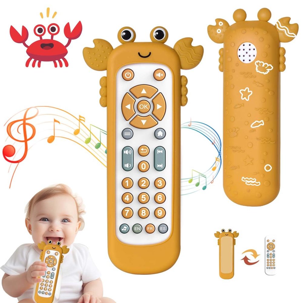 Baby TV Remote Control Toy with Cute Crab Soft Silicone Cover Teething Toy, Realistic Baby Musical Remote Control Toy with Light Sound, Educational Toys with 3 Language for 6m+Toddlers(Yellow)