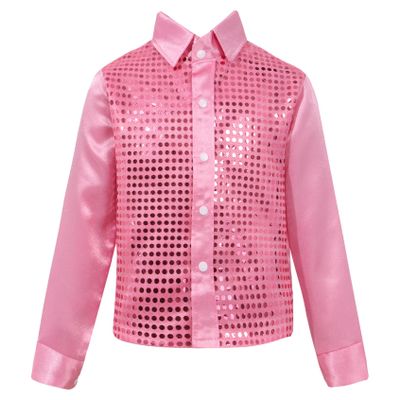 Rswnyirn Kids Boys Long Sleeve Shiny Sequins Lapel Collar Shirt Hip Hop Jazz Dance Shirts Costumes Pink 5-6 Years