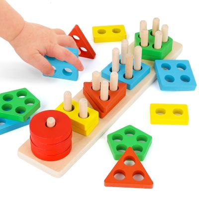 LovesTown Stacking and Sorting Learning Puzzles, Montessori Wooden Sensory Toys for Toddlers, 20 PCS