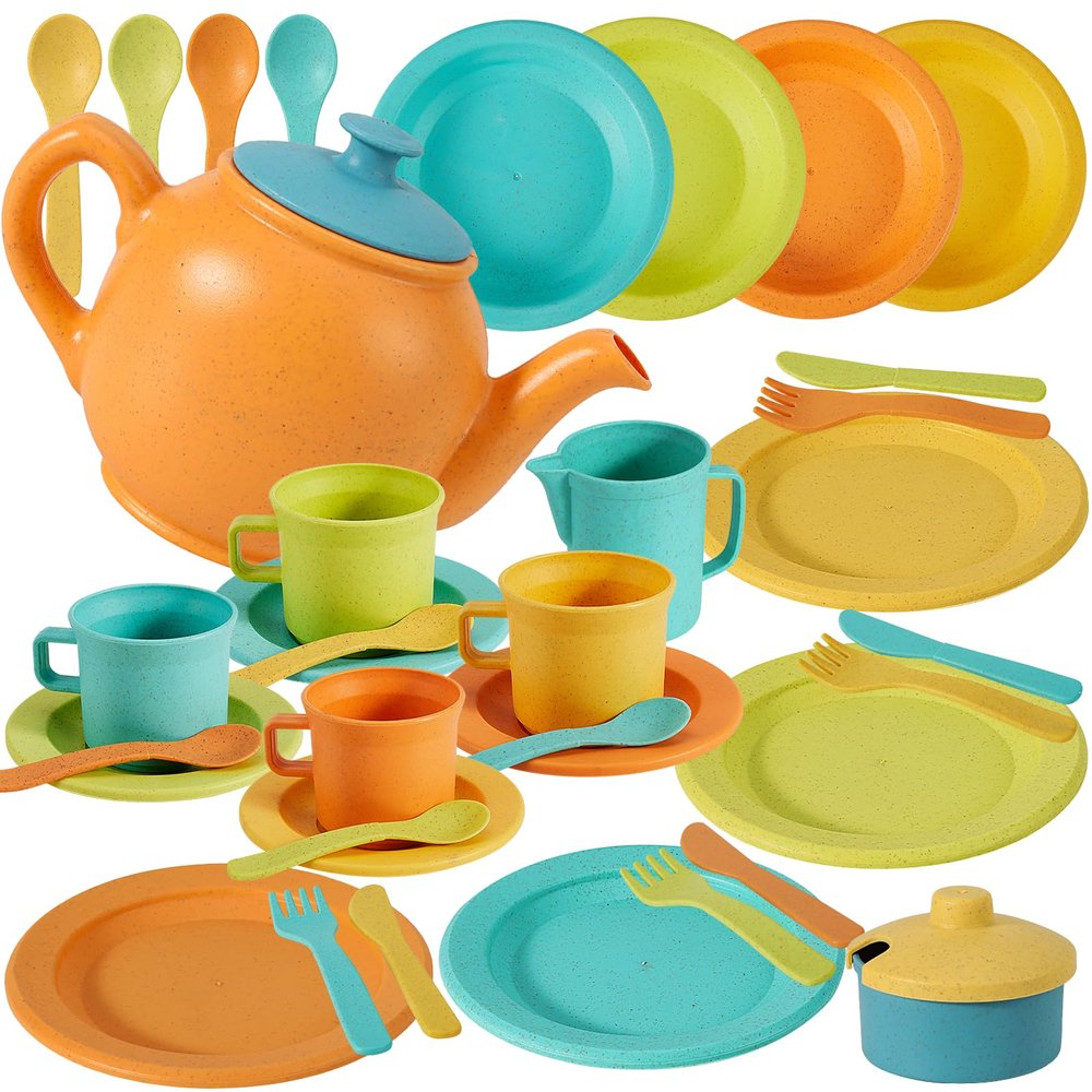 Buyger Kids Kitchen Accessories and Tea Set for Toddlers 3-5, Play Kitchen Toy Dish Plates Utensils Dinnerware Set Pretend Role Play Gifts for Ages 3 4 5 Years Olds Children Boys Girls