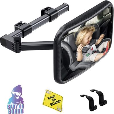 Baby Car Mirror Rear Facing, Safety Adjustable Car Seat Mirror for Baby Extendable Camera Monitor with Hook Clip Design Clear View ShatterProof + 2 Baby on Board Stickers,2 Seat Headrest Hook