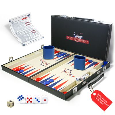 Backgammon Acey Deucey Sets for Adults -15 Inch Medium, Faux Leather Travel Backgammon Board with Special Multi Colored Acey Deucey Dice, This 2 in 1 Game is an Ideal Gift for Family Fun!