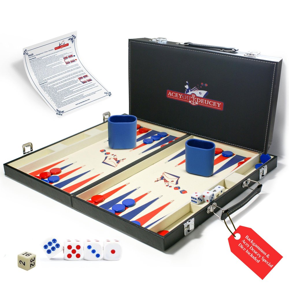 Backgammon Acey Deucey Sets for Adults -15 Inch Medium, Faux Leather Travel Backgammon Board with Special Multi Colored Acey Deucey Dice, This 2 in 1 Game is an Ideal Gift for Family Fun!