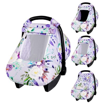 CARUILI Car Seat Cover Baby Girl, Warm Winter Carseat Cover for Baby, Purple Floral Infant Car Seat Canopy with Peep Window, for Protecting Baby from Wind & Sun, Kick-Proof & Windproof