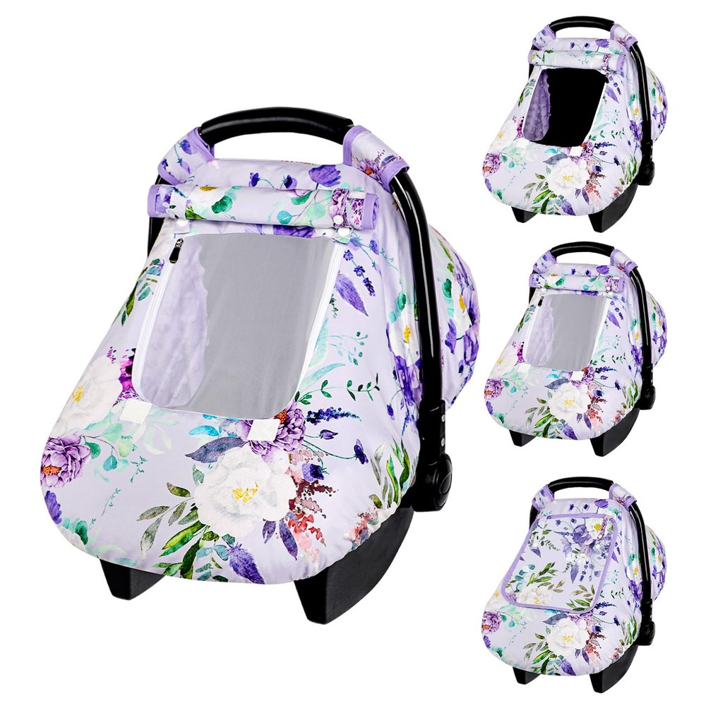 CARUILI Car Seat Cover Baby Girl, Warm Winter Carseat Cover for Baby, Purple Floral Infant Car Seat Canopy with Peep Window, for Protecting Baby from Wind & Sun, Kick-Proof & Windproof