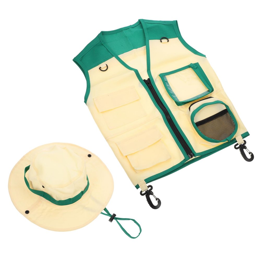 HOOTNEE 1Set Boy Girl Outdoor Exploration Hat and Vest Lightweight Explorer Gear for Camping Fishing Boating for Boy Outdoor Adventures Comfortable and Breathable Design Green