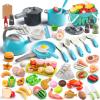 130Pcs Kitchen Playset, Toddler Pretend Cooking Play Pots, Pans, Utensils Cookware, Daily Food Fruit Veges, Shopping Storage Basket, Dessert, Prop Money, Learning Gift for Child (Turquoise) view 1