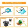 130Pcs Kitchen Playset, Toddler Pretend Cooking Play Pots, Pans, Utensils Cookware, Daily Food Fruit Veges, Shopping Storage Basket, Dessert, Prop Money, Learning Gift for Child (Turquoise) view 4