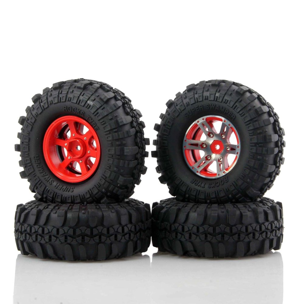 BOLIDORC 110mm RC Crawler Rubber Tires and Metal 1.9 Inch Beadlock Wheel Rim Replacement Part for 1/10 TRX4 SCX10 D90 RC Crawler Car (Red)