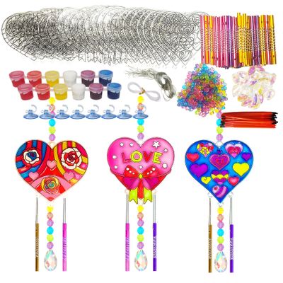 Ayhuhra 24 Sets Valentine's Heart Suncatcher Wind Chimes DIY Window Paint Art Craft Kits Crystal Pendant Heart Sun Catchers for Valentine's Day & Mother's Day Gifts Art Project