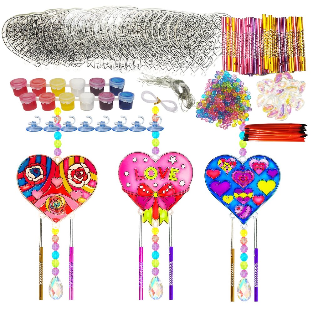 Ayhuhra 24 Sets Valentine's Heart Suncatcher Wind Chimes DIY Window Paint Art Craft Kits Crystal Pendant Heart Sun Catchers for Valentine's Day & Mother's Day Gifts Art Project