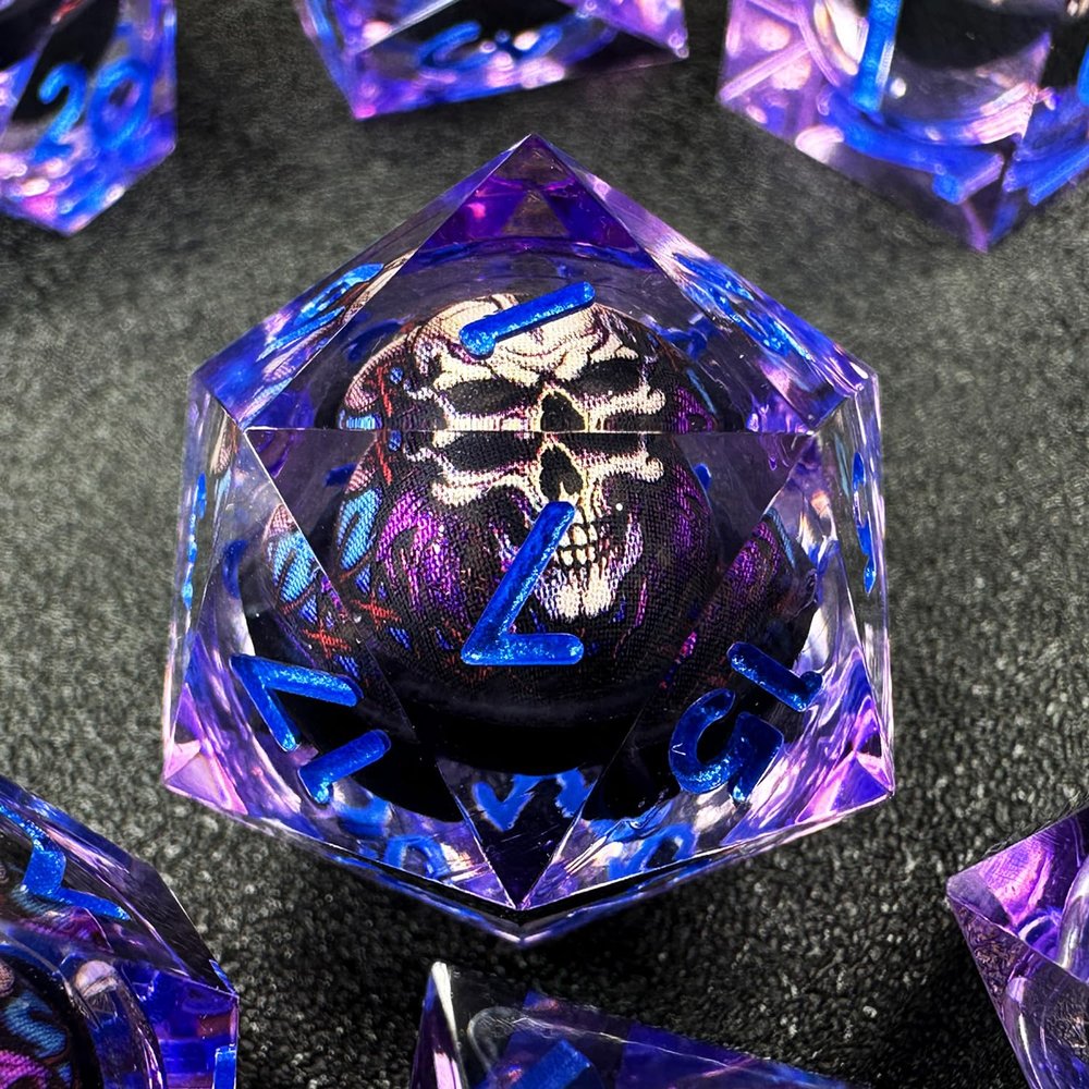 HAOMEJA Skull D&D Monster Resin Dice Set DND Skeleton 7 PCS Sharp Edges Dice with Gift Dragon Eye Bag Apply to Dungeons and Dragons Role Playing Game Gift (Skull B & Purple)