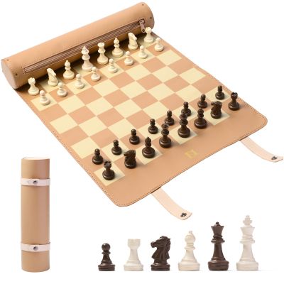 DN DECONATION Portable Travel Chess Set, Small Roll Up Chess Board with Resin Pieces, Traveling Chess Sets for Adults, Kids, Luxury Foldable Pocket Compact Game for Camping, Outdoor-Brown Leather Mat