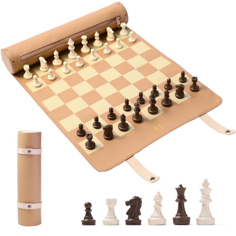 DN DECONATION Portable Travel Chess Set, Small Roll Up Chess Board with Resin Pieces, Traveling Chess Sets for Adults, Kids, Luxury Foldable Pocket Compact Game for Camping, Outdoor-Brown Leather Mat
